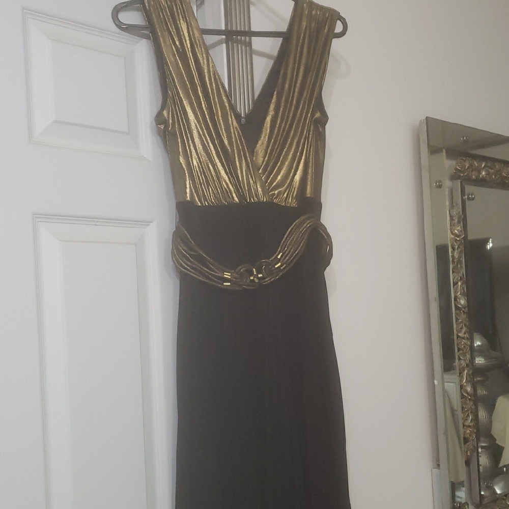 Max & Cleo Gold and Black Midi  Evening Dress